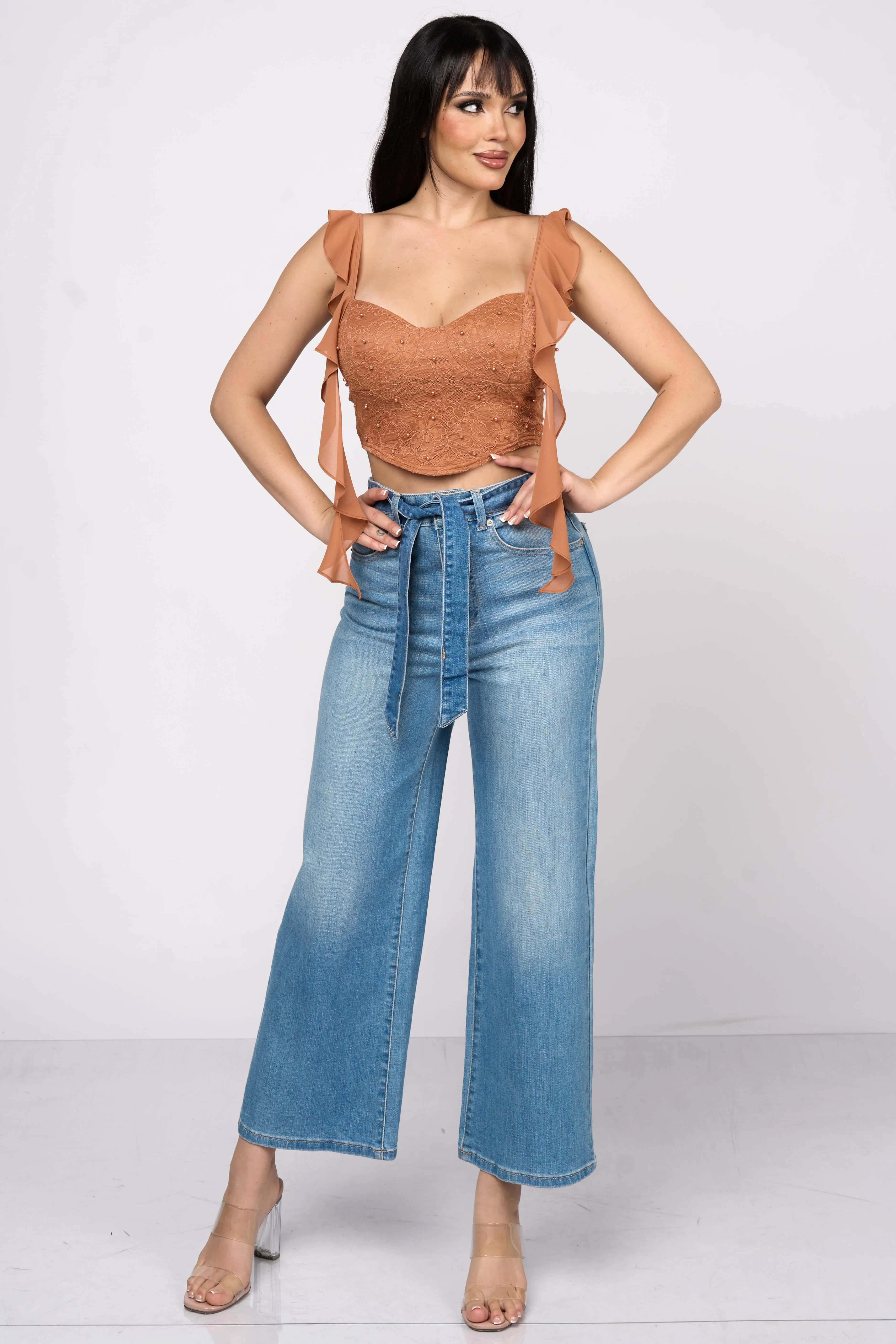 LUXE LACE PEARL CHELSEA CHIFFON RUFFLE DRAPED CROP TOP sold by privy product image thumbnail 5