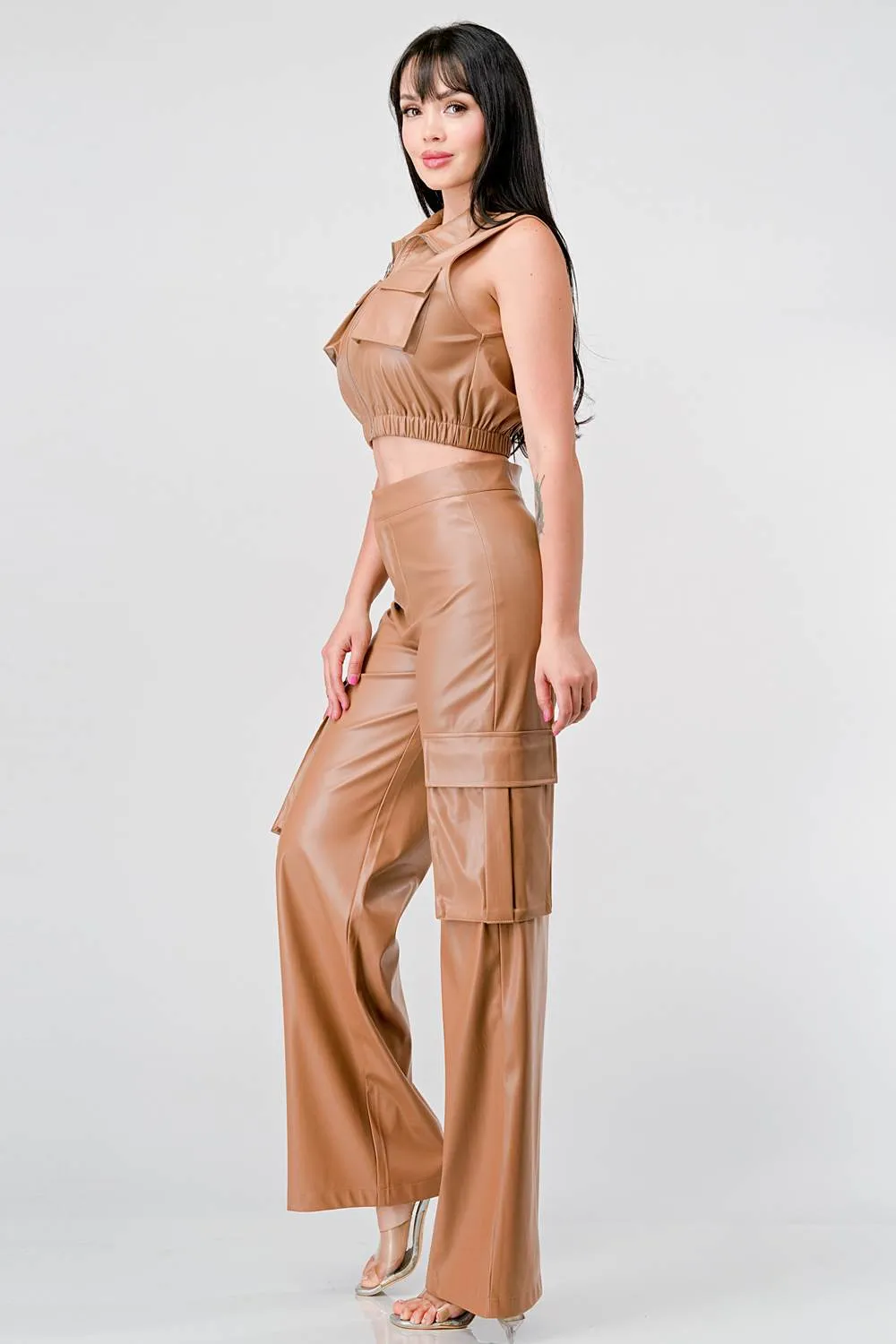 SEXY FAUX LEATHER CROPPED TOP AND PANTS SET sold by privy product image thumbnail 2