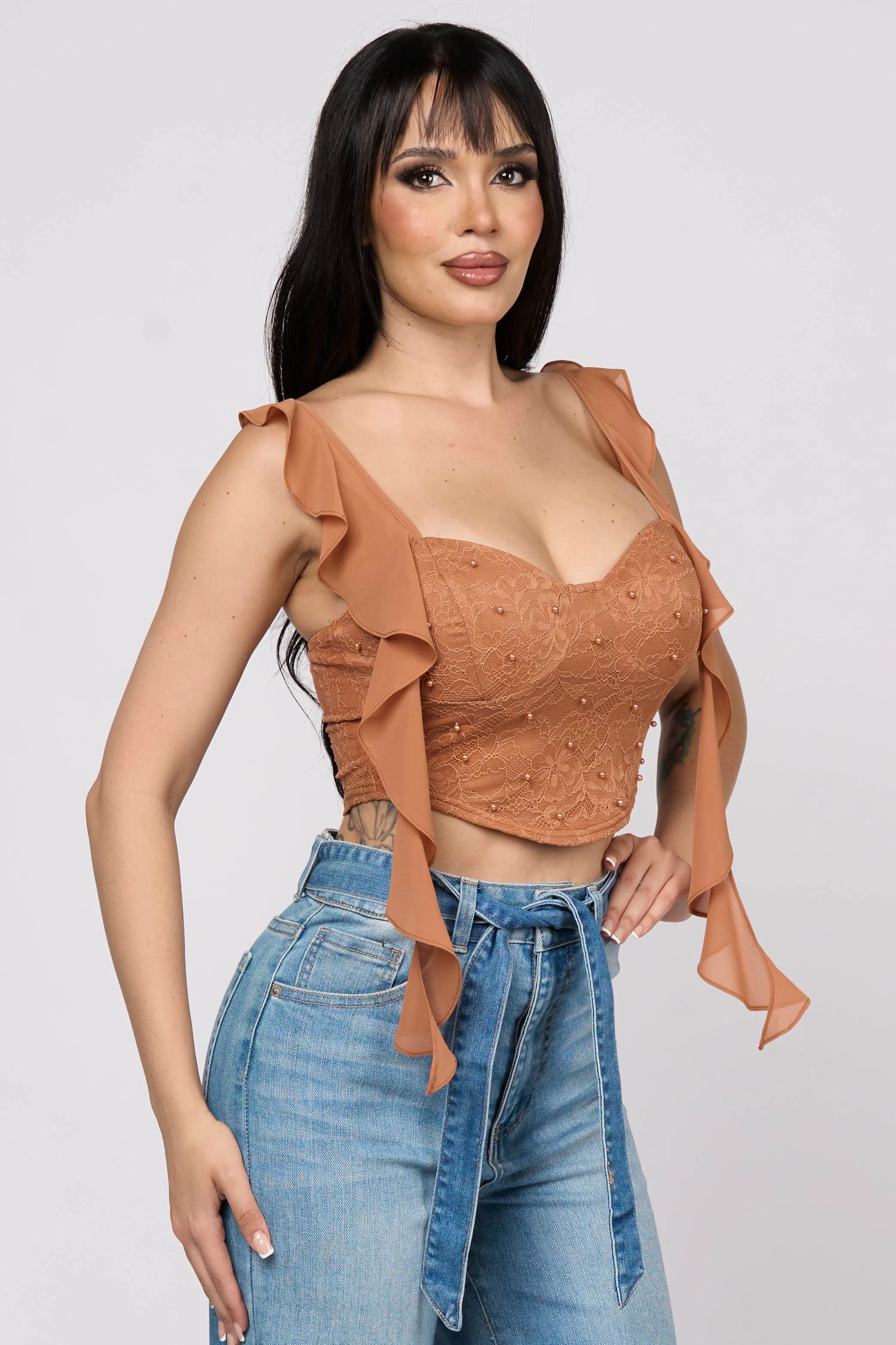 LUXE LACE PEARL CHELSEA CHIFFON RUFFLE DRAPED CROP TOP sold by privy product image thumbnail 2