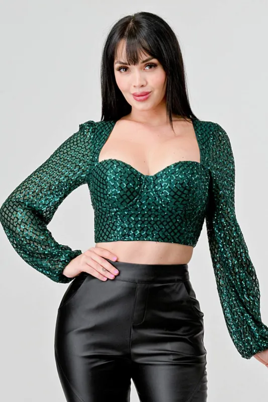 LUXE SEQUINS MESH LONG SLEEVE CROPPED BLOUSE made by privy