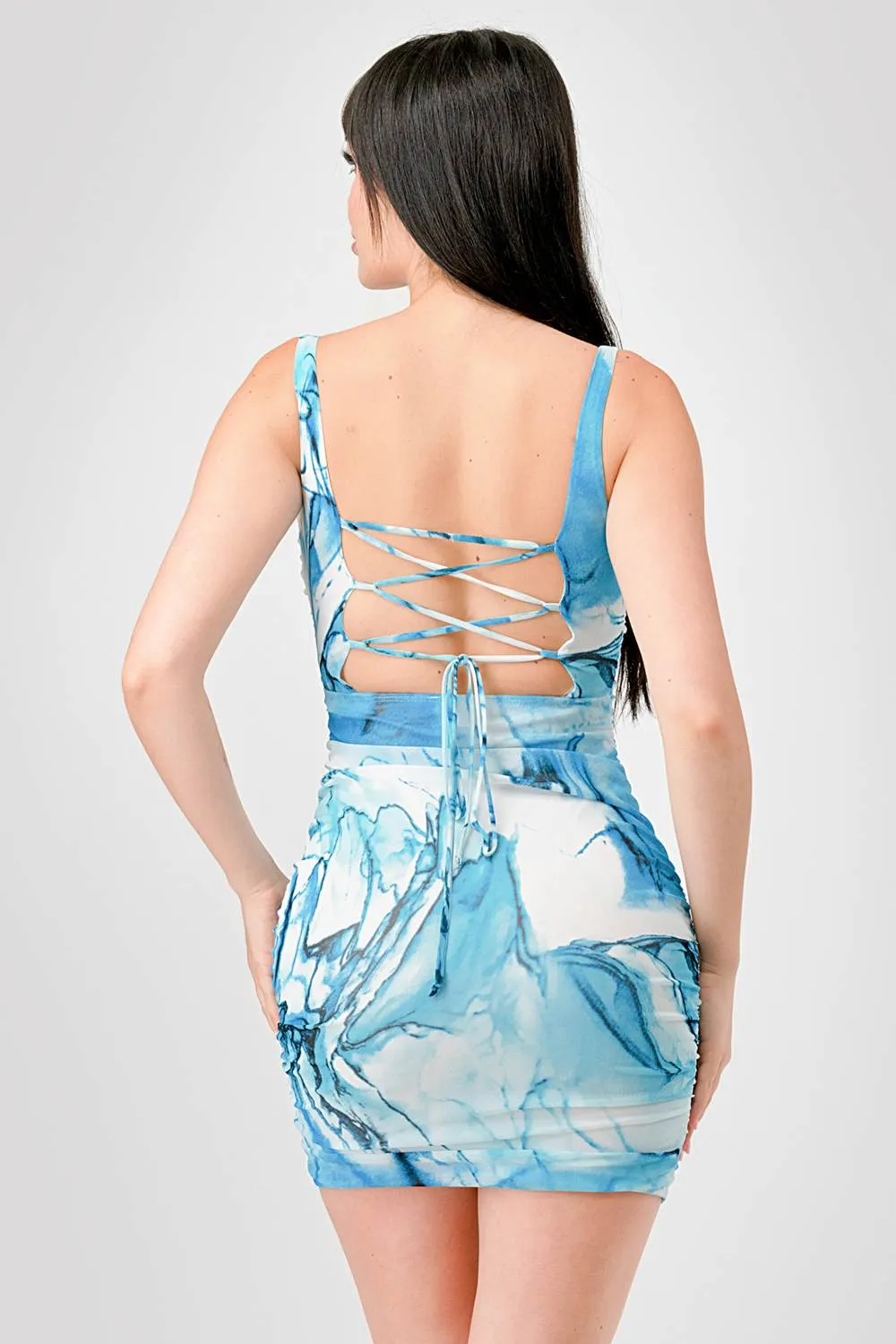 SEXY MARBLE PRINTED MESH LACE BACK MINI DRESS sold by privy product image thumbnail 3