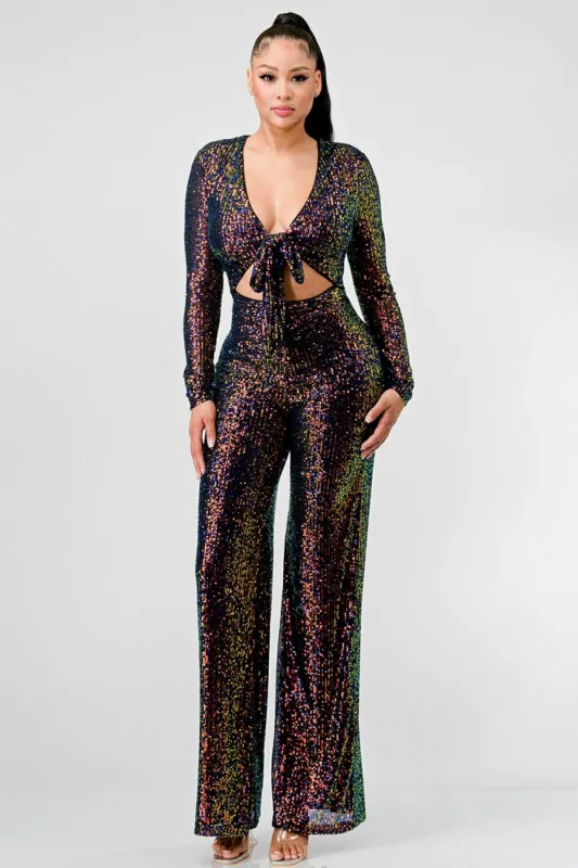 GLAM SEQUINS KNOT TIE FRONT CUTOUT WIDE LEGS JUMPSUIT sold by privy