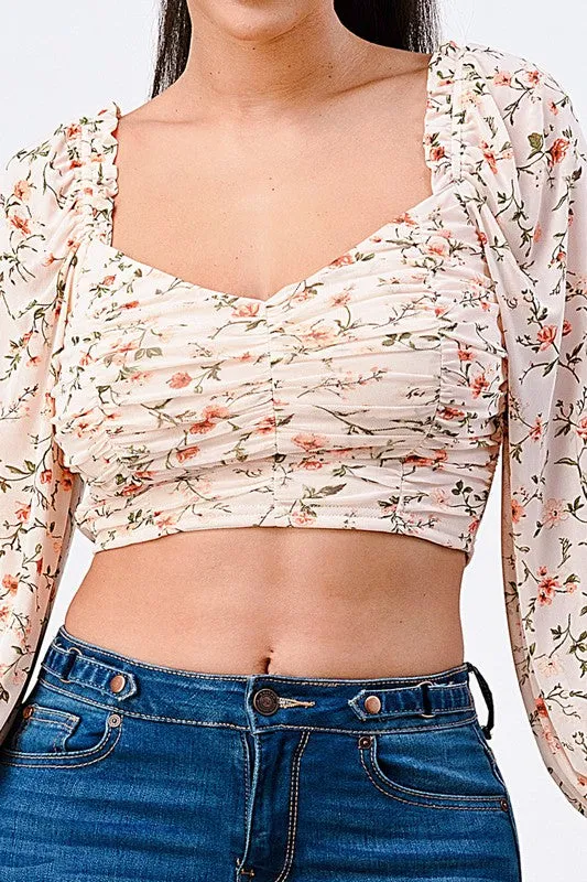 FLORAL SWEETHEART RUCHED RUFFLED SLEEVES CROP TOP sold by privy product image thumbnail 5