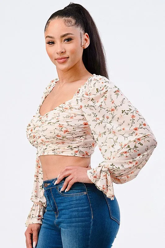 FLORAL SWEETHEART RUCHED RUFFLED SLEEVES CROP TOP sold by privy product image thumbnail 2