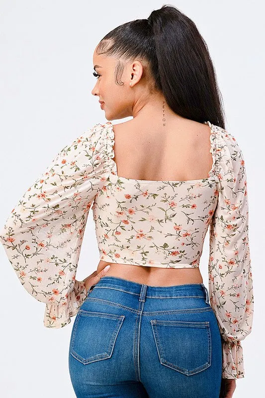 FLORAL SWEETHEART RUCHED RUFFLED SLEEVES CROP TOP sold by privy product image thumbnail 3