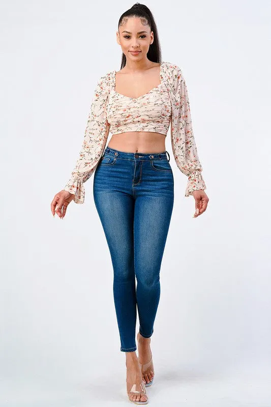 FLORAL SWEETHEART RUCHED RUFFLED SLEEVES CROP TOP sold by privy product image thumbnail 4