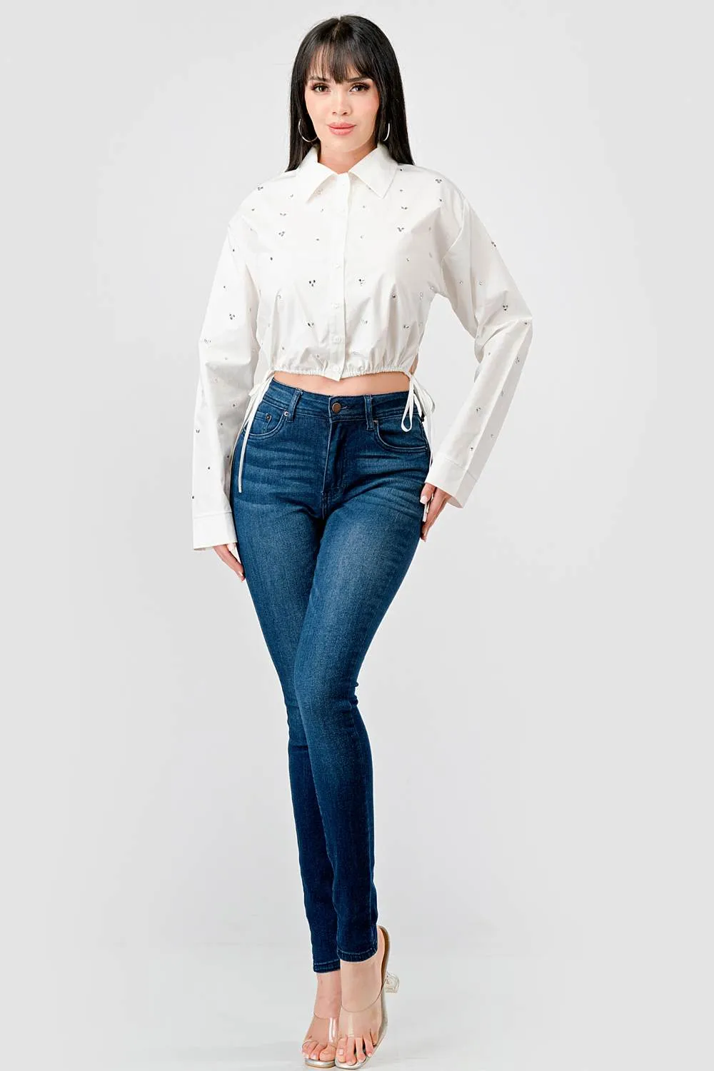 STRETCH POPLIN COLLARED BUTTON DOWN CROPPED TOP sold by privy product image thumbnail 5