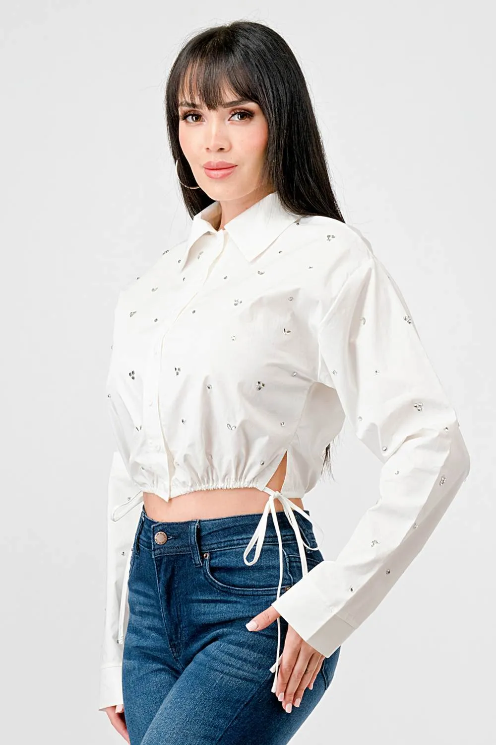 STRETCH POPLIN COLLARED BUTTON DOWN CROPPED TOP sold by privy product image thumbnail 2