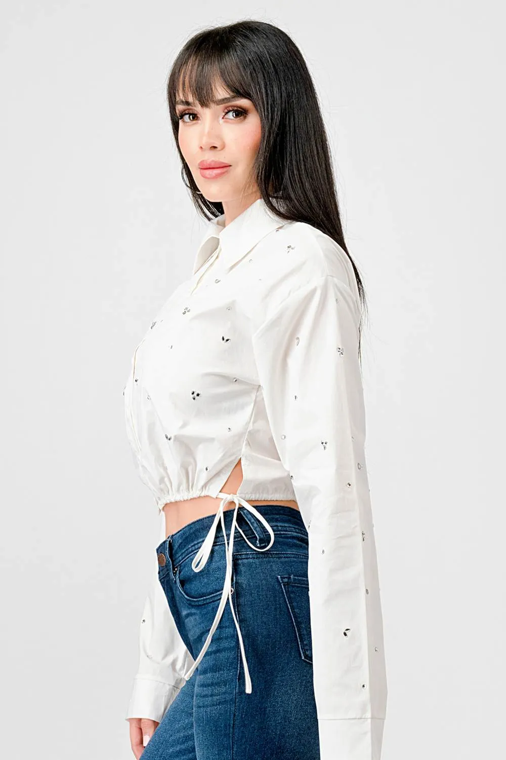 STRETCH POPLIN COLLARED BUTTON DOWN CROPPED TOP sold by privy product image thumbnail 3