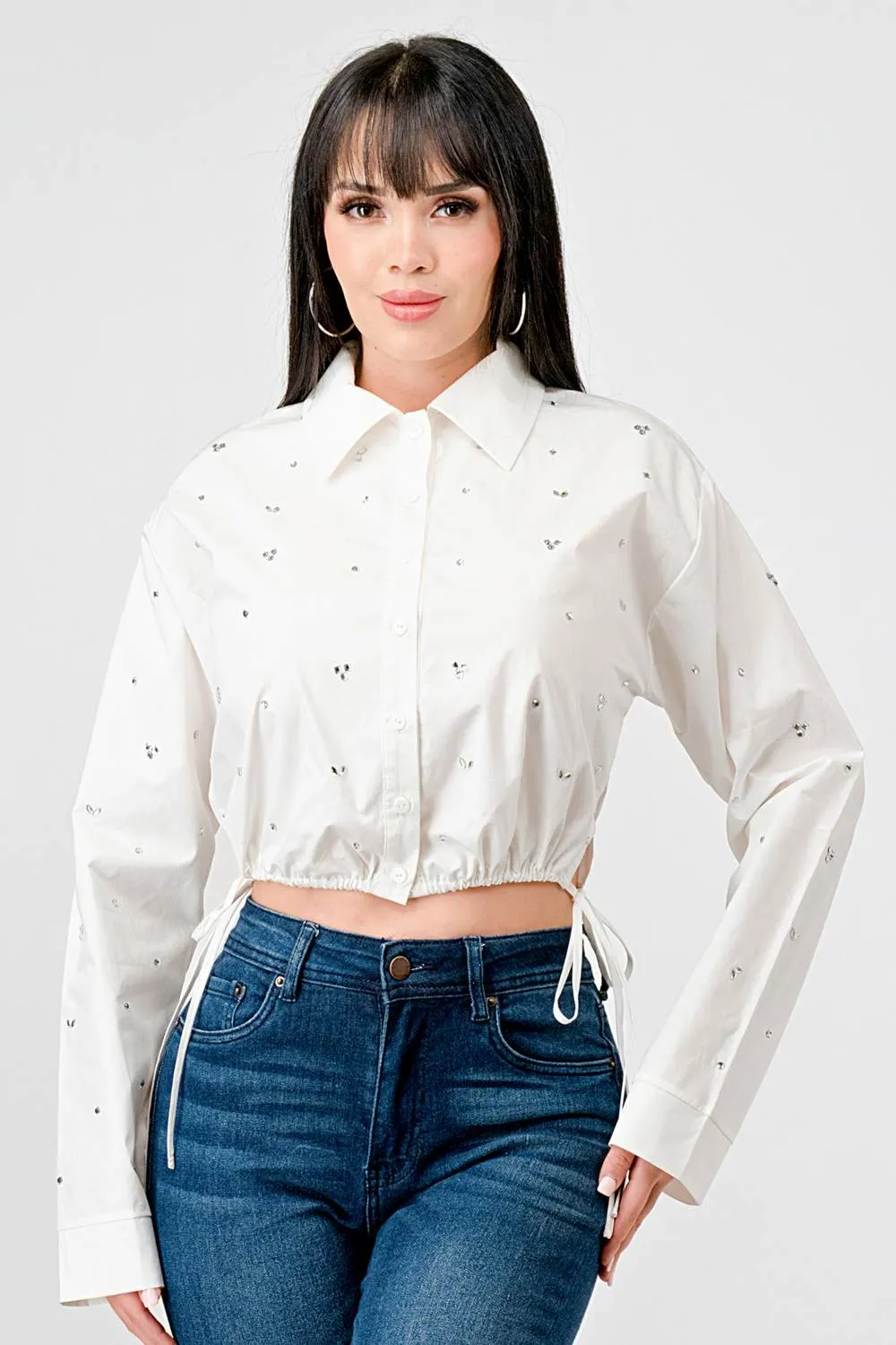 STRETCH POPLIN COLLARED BUTTON DOWN CROPPED TOP sold by privy