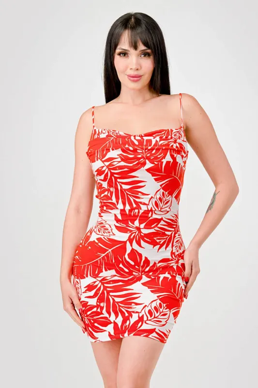 SEXY TROPICAL LEAF PRINT ITY COWL NECK MINI DRESS made by privy