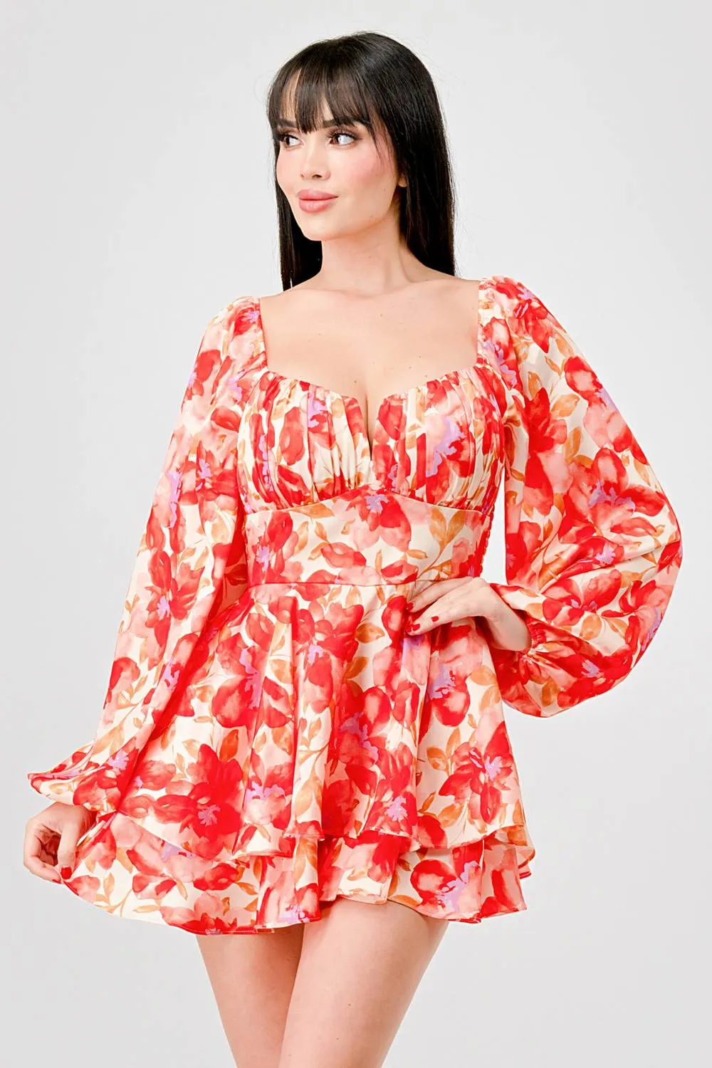 FLORAL PRINT SATIN RUCHED HEART RUFFLED ROMPER sold by privy product image thumbnail 2