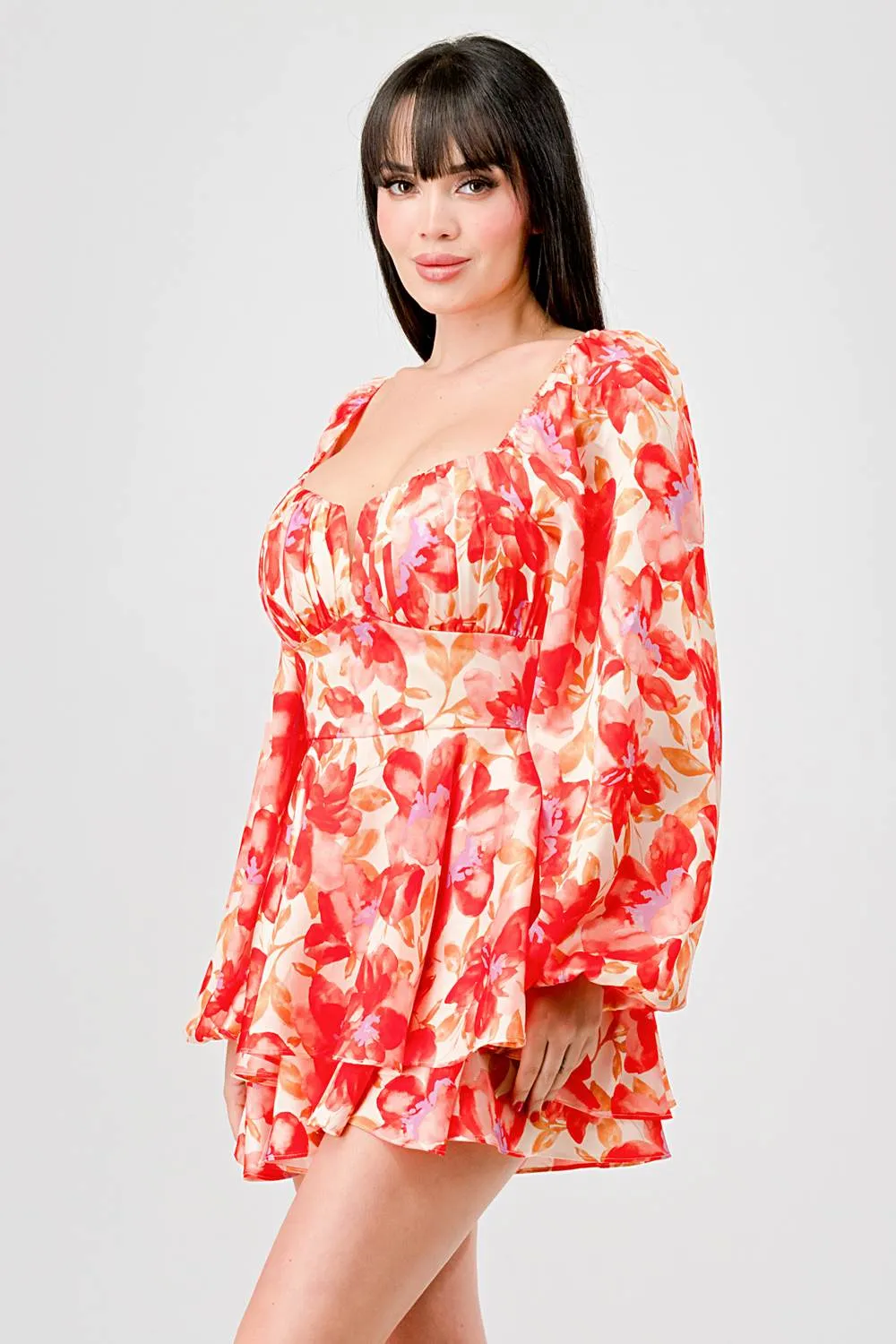 FLORAL PRINT SATIN RUCHED HEART RUFFLED ROMPER sold by privy product image thumbnail 3