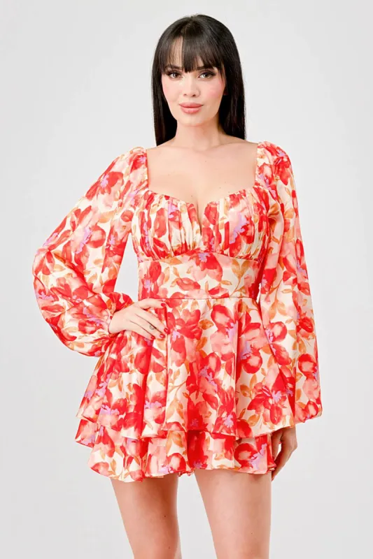 FLORAL PRINT SATIN RUCHED HEART RUFFLED ROMPER sold by privy