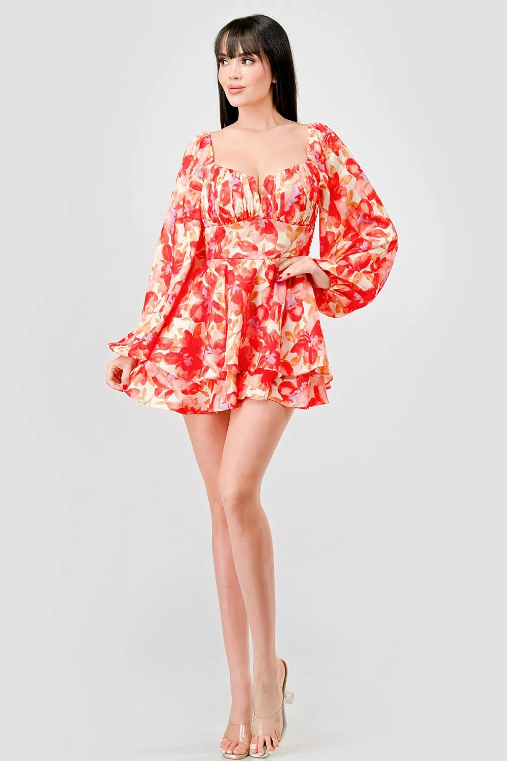 FLORAL PRINT SATIN RUCHED HEART RUFFLED ROMPER sold by privy product image thumbnail 5