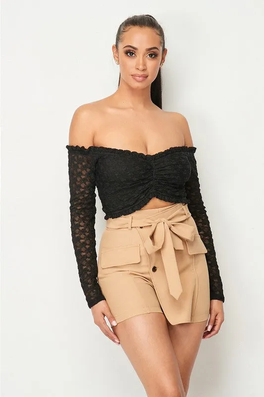 LUXE LACE RUFFLED HEM OFF SHOULDER CROPPED TOP sold by privy