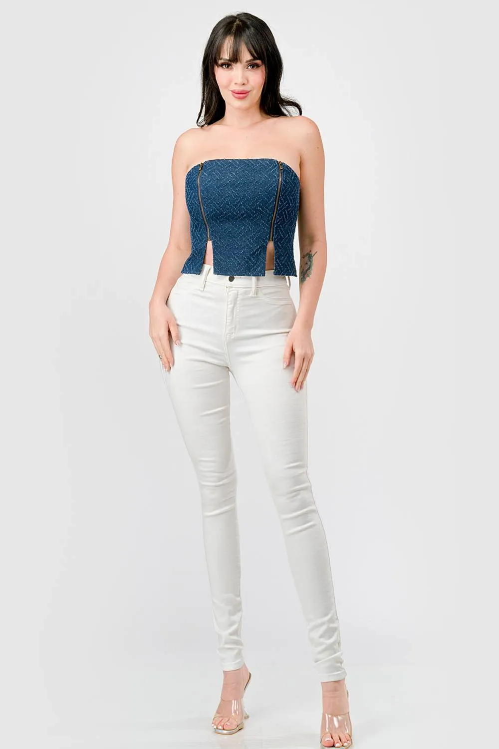 DISTRESSED DENIM SMOCKED BACK SIDE SLIT BUSTIER sold by privy product image thumbnail 5