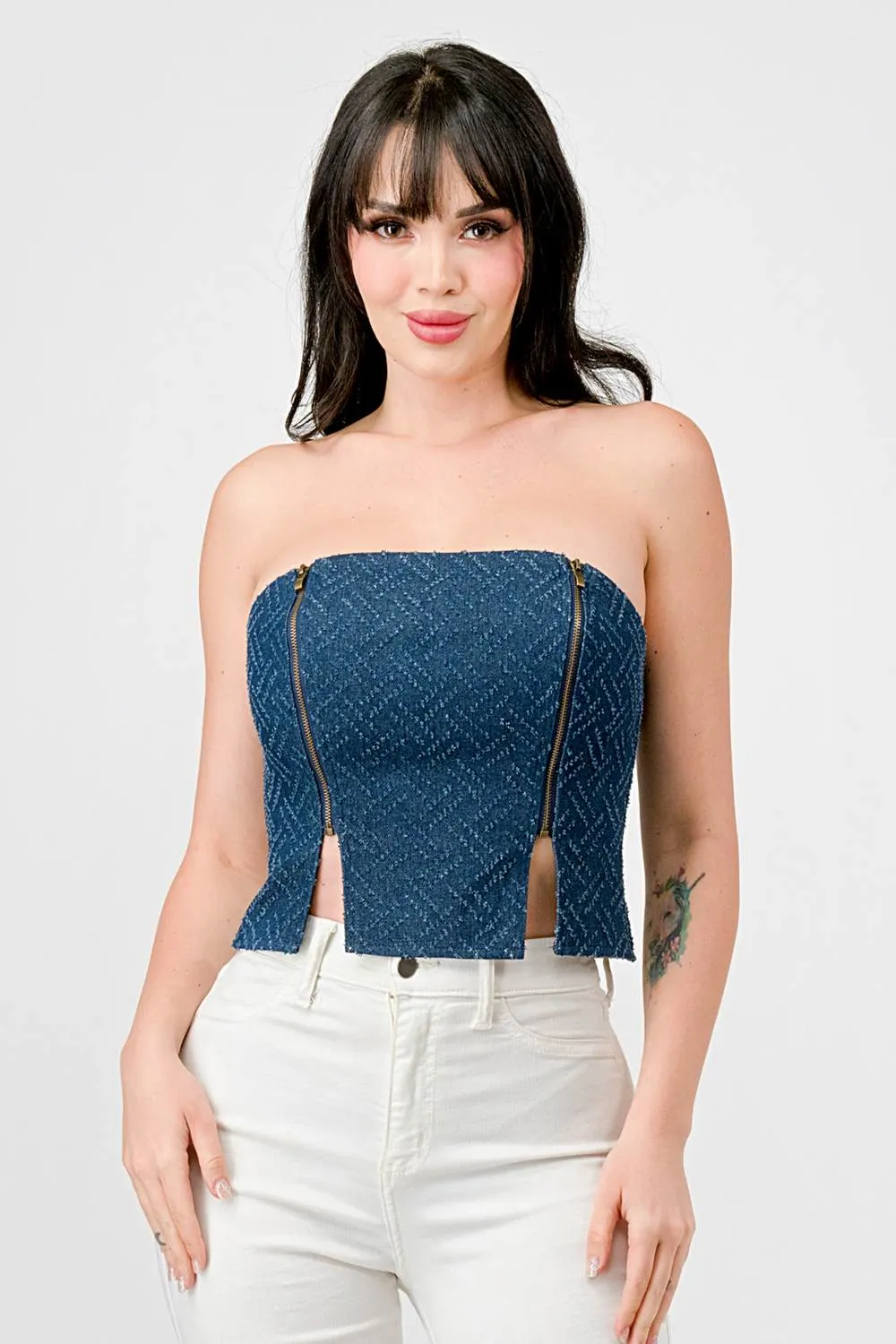 DISTRESSED DENIM SMOCKED BACK SIDE SLIT BUSTIER sold by privy product image thumbnail 2