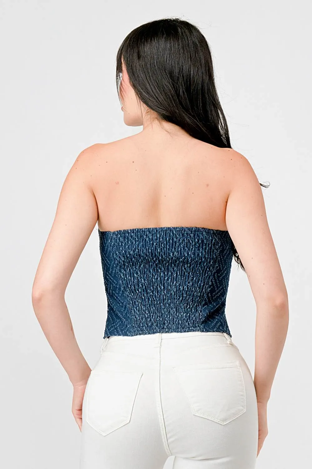 DISTRESSED DENIM SMOCKED BACK SIDE SLIT BUSTIER sold by privy product image thumbnail 4