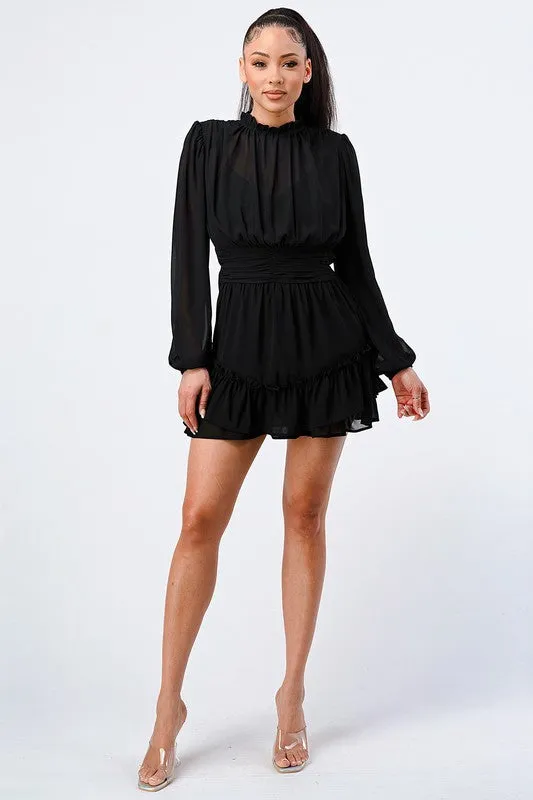 LUX RUFFLED MOCK NECK WAIST SHIRRING BUBBLE DRESS sold by privy product image thumbnail 4
