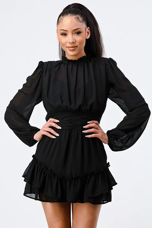 LUX RUFFLED MOCK NECK WAIST SHIRRING BUBBLE DRESS sold by privy
