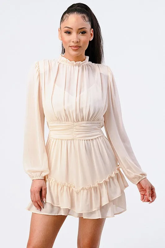 LUX RUFFLED MOCK NECK WAIST SHIRRING BUBBLE DRESS sold by privy product image thumbnail 5