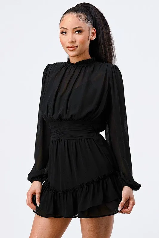 LUX RUFFLED MOCK NECK WAIST SHIRRING BUBBLE DRESS sold by privy product image thumbnail 2
