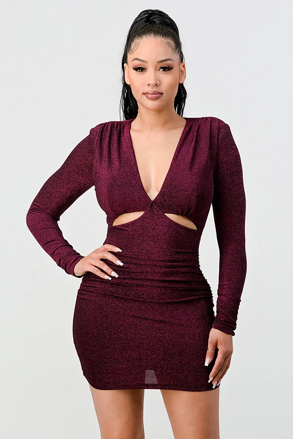 PD72720N-W / LUX METALLIC LUREX V-NECK SIDE CUTOUTS GLITTER MINI DRESS sold by privy