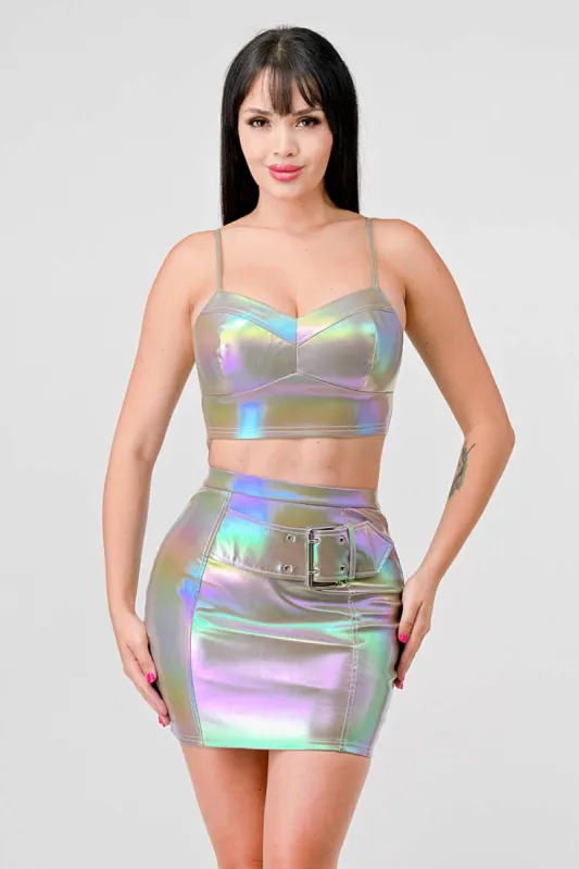HOLOGRAM METALLIC PLEATHER BUSTIER MINI SKIRT SET sold by privy