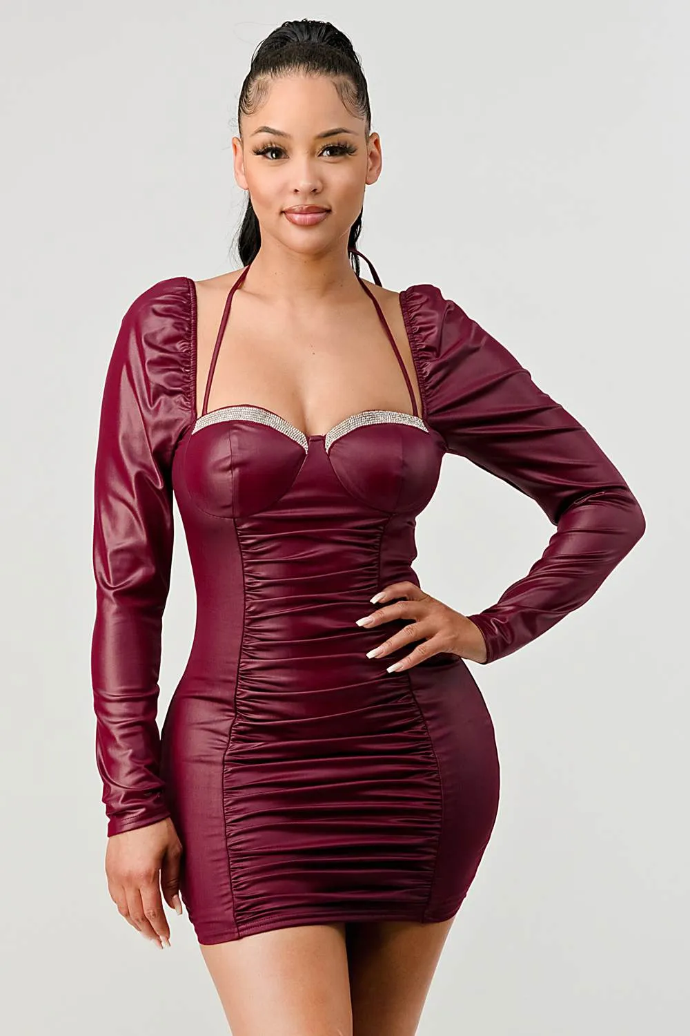 LUX SUPER STRETCH HALTER RHINESTONES TRIM RUCHED DRESS sold by privy