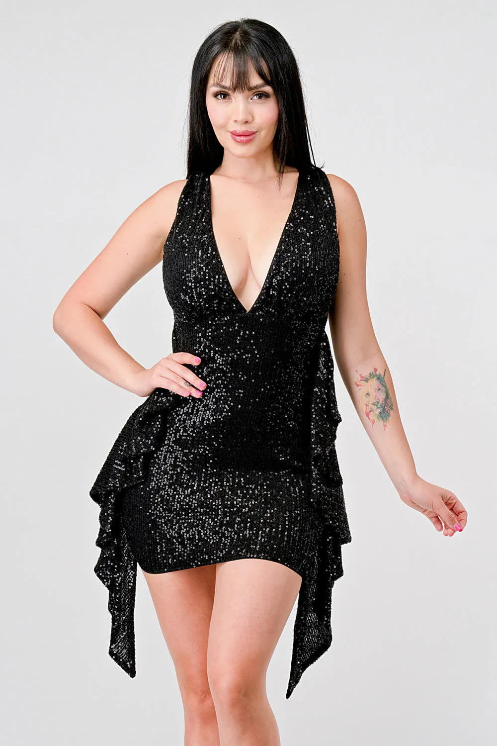 PD74774N / SEXY SEQUINS V NECK SIDE RUFFLE BODYCON MINI DRESS sold by privy