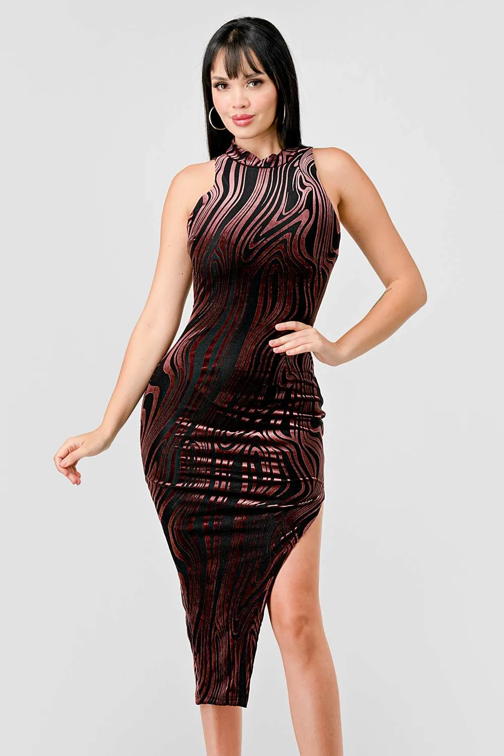LUXE MESH VELVET BURNOUT SLITTED MIDI DRESS sold by privy