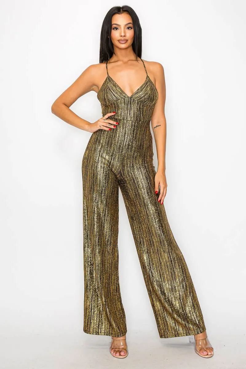 GLAM STRIPED GLITTER SWEETHEART WIDE LEGS JUMPSUIT sold by privy
