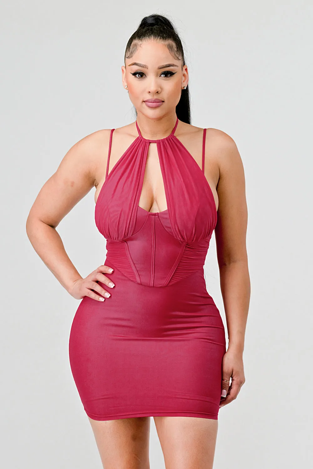 PD74263N-W / SEXY CORSET BODICE NECK TIE BODYCON MINI DRESS sold by privy