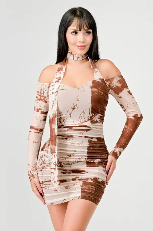 TIE DYE MESH NECK SCARF OFF SHOULDER MINI DRESS sold by privy