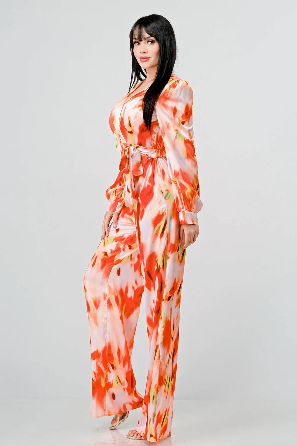 SATIN ABSTRACT PRINTED V NECK LONG SLEEVE JUMPSUIT sold by privy product image thumbnail 3