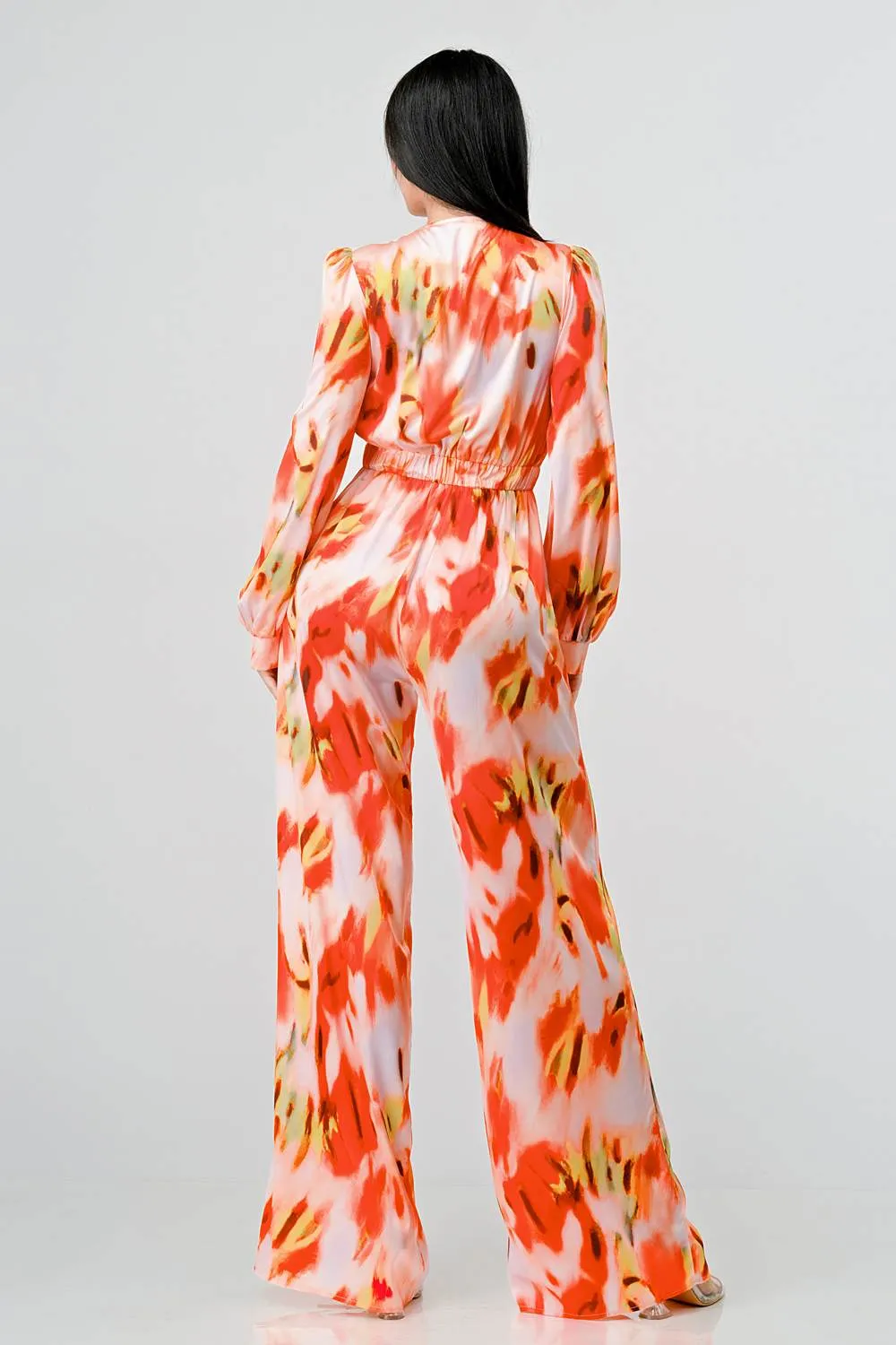 SATIN ABSTRACT PRINTED V NECK LONG SLEEVE JUMPSUIT sold by privy product image thumbnail 4