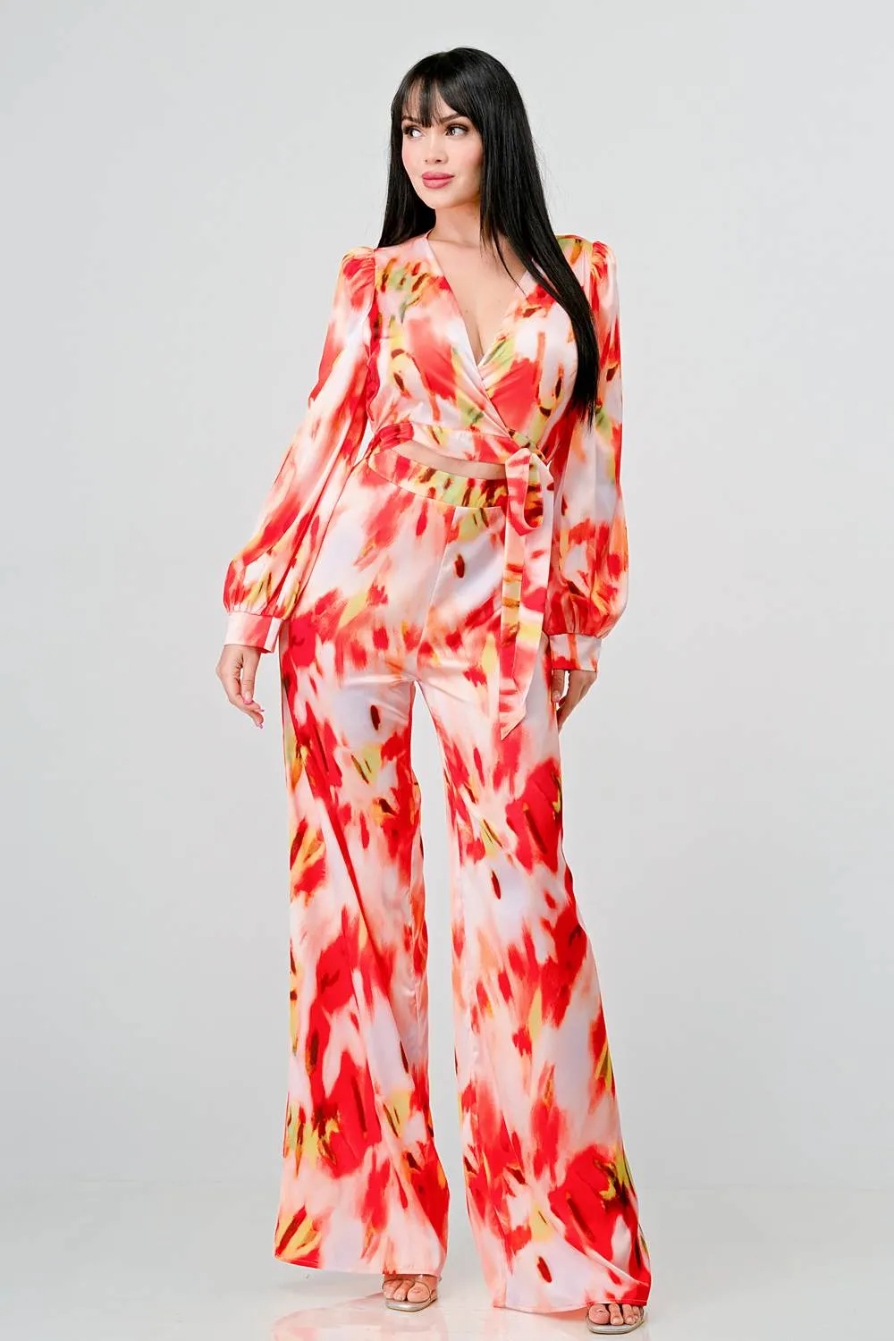 SATIN ABSTRACT PRINTED V NECK LONG SLEEVE JUMPSUIT sold by privy product image thumbnail 5