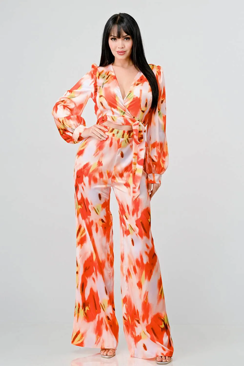 SATIN ABSTRACT PRINTED V NECK LONG SLEEVE JUMPSUIT sold by privy product image thumbnail 2
