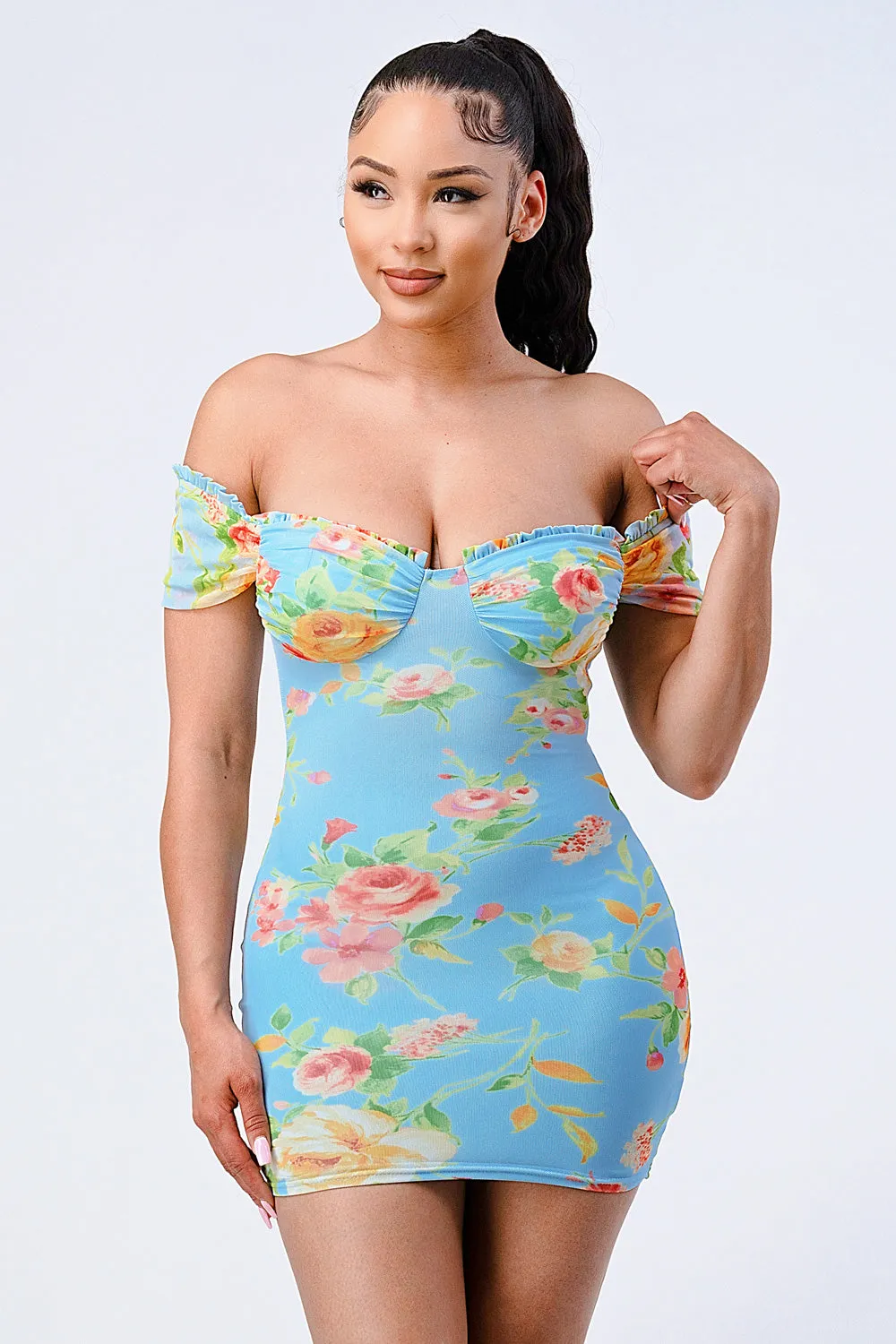 ANTIQUE FLORAL OFF SHOULDER RUFFLED SWEETHEART DRESS sold by privy