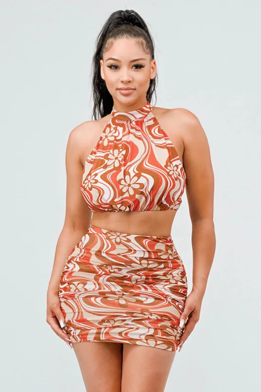 PS8973N / MARBLE PRINT MESH HALTER NECK TOP AND SKIRT SETS sold by privy