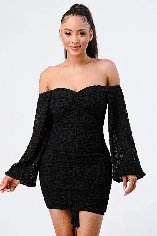 LUX FRONT SHIRRING OFF SHOULDER BODYCON DRESS sold by privy