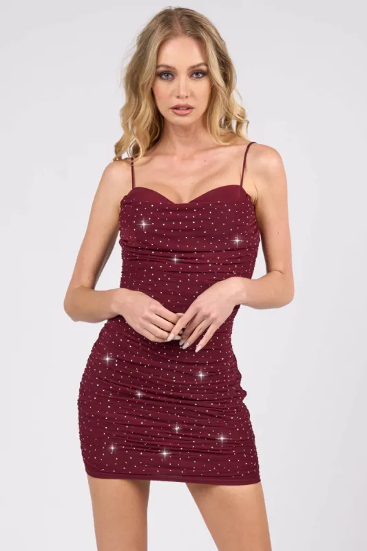 SEXY HOTFIX RHINESTONES COWL NECK MINI DRESS sold by privy