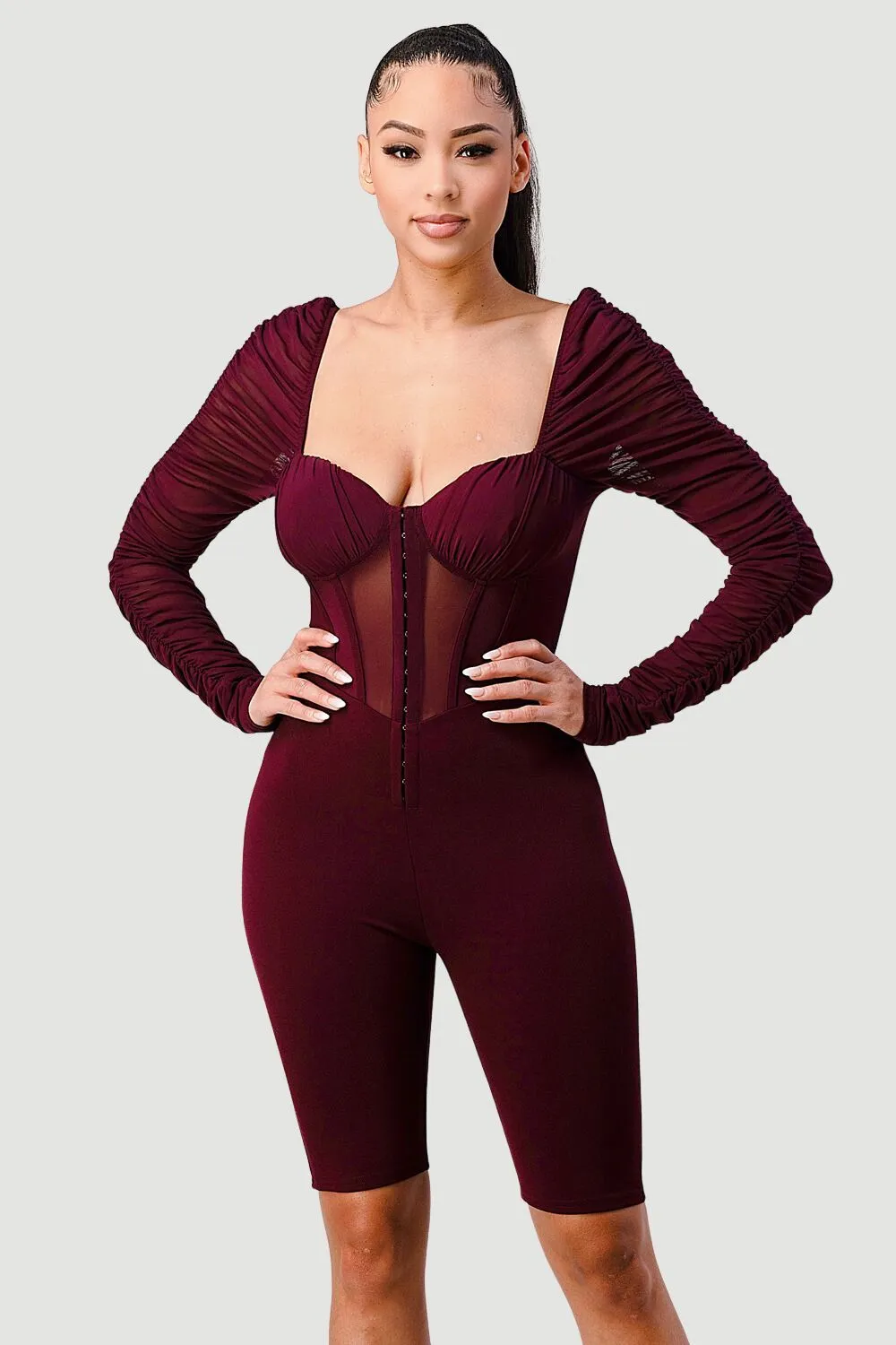 RUCHED SHEER RIB DETAIL SWEETHEART ROMPER sold by privy