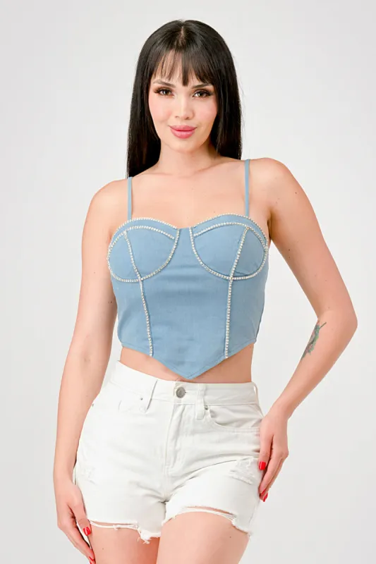 SEXY DENIM RHINESTONES TRIM SWEETHEART BUSTIER sold by privy