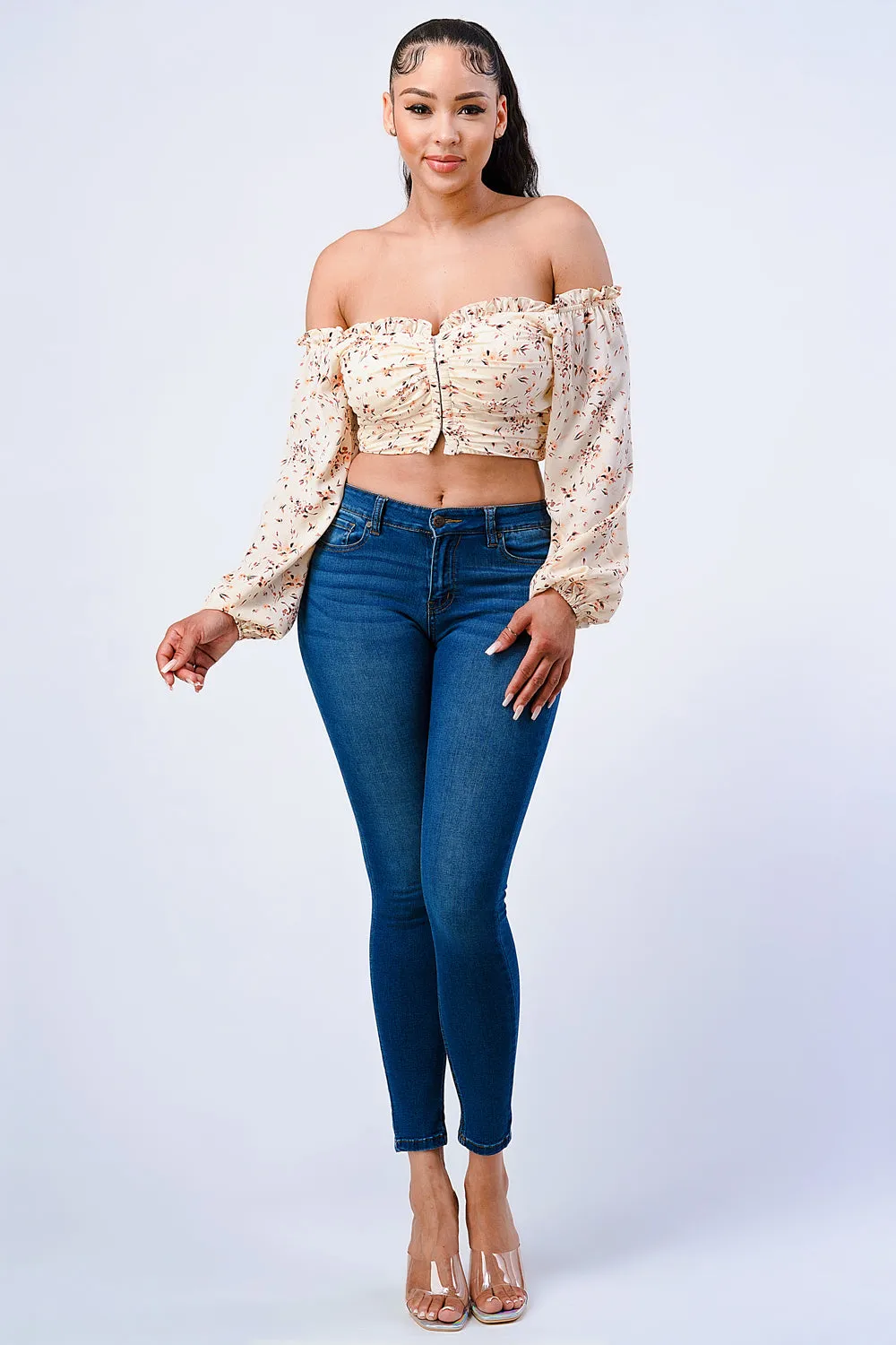 FLORAL CHIFFON SMOCKED OFF SHOULDER CROP TOP sold by privy product image thumbnail 4