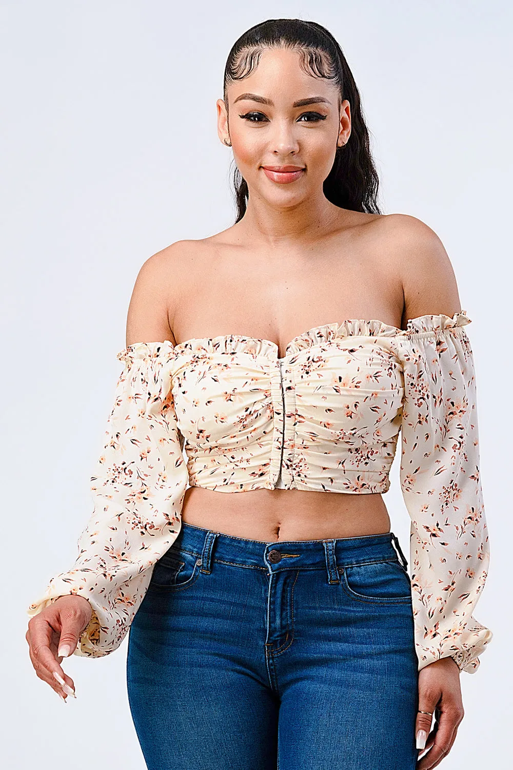 FLORAL CHIFFON SMOCKED OFF SHOULDER CROP TOP sold by privy