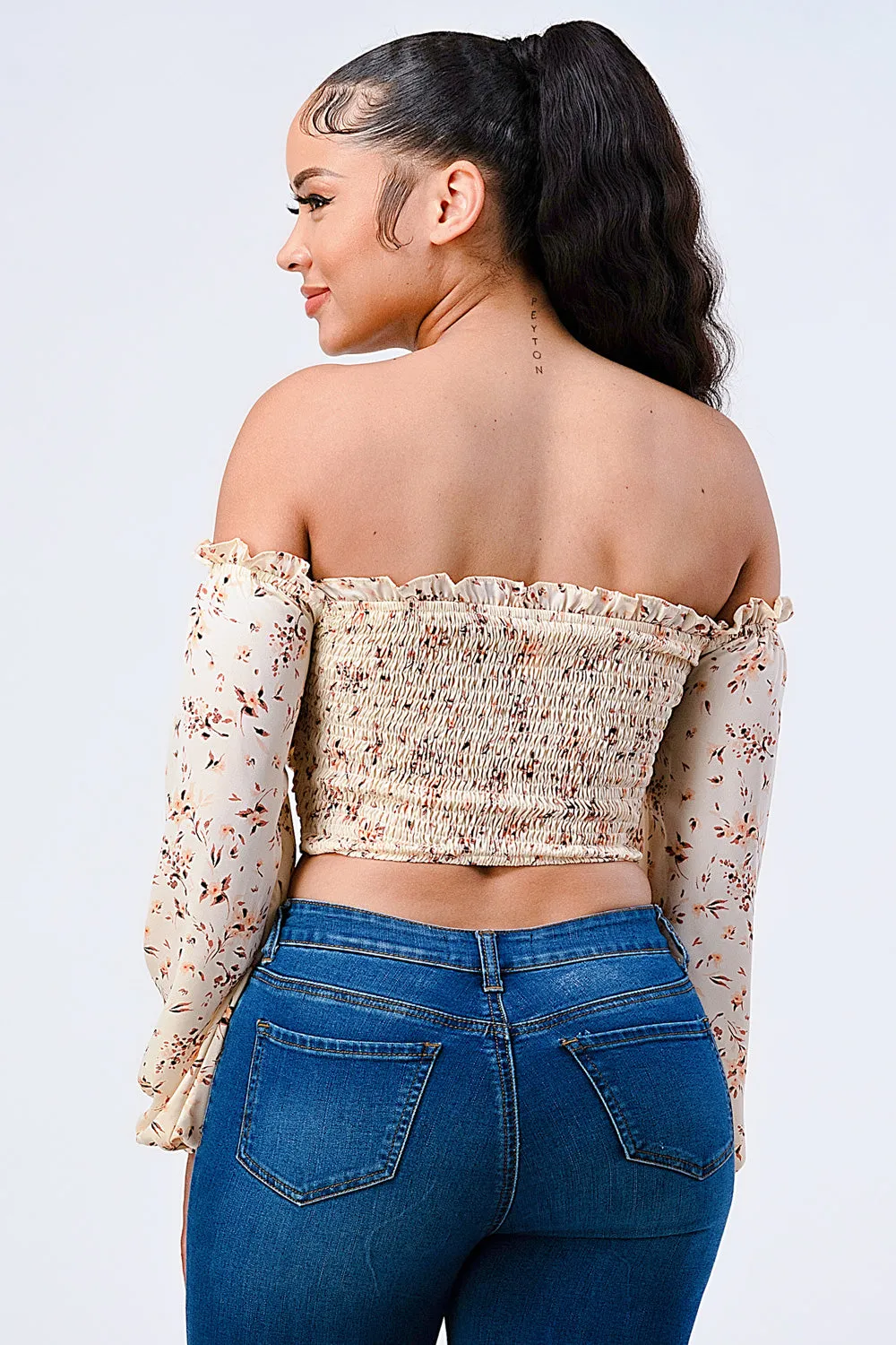 FLORAL CHIFFON SMOCKED OFF SHOULDER CROP TOP sold by privy product image thumbnail 3