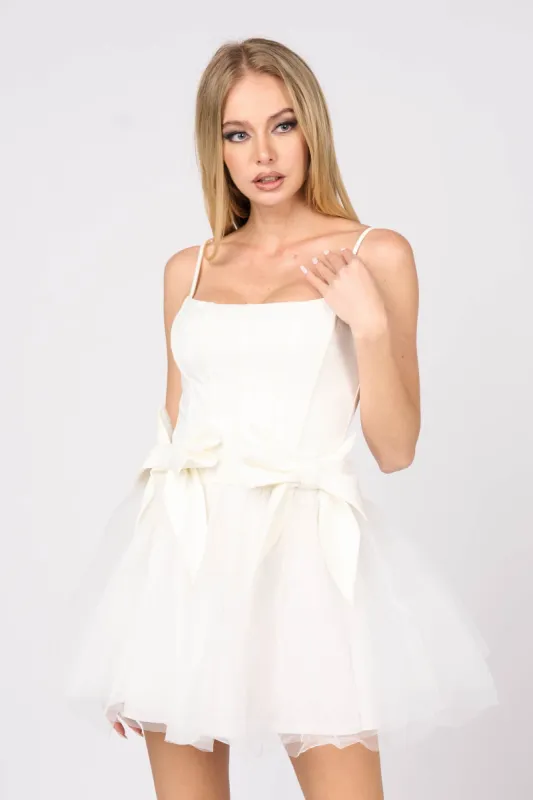 ROMANTIC BOWS DETAIL PLEATED TULLE MINI DRESS sold by privy