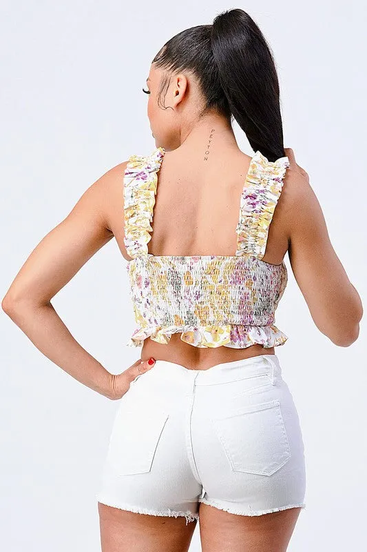 PT41722H-W / FLORAL RUFFLED ARMHOLE SHIRRING CROP CAMI TOP sold by privy product image thumbnail 3